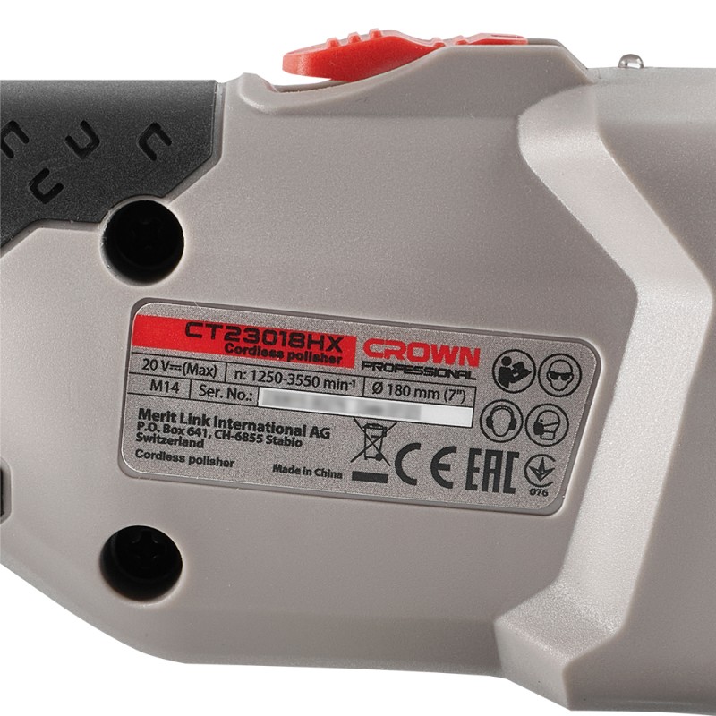 Машина полировальная аккумуляторная BL CROWN CT23018HX, CROWN Машина полировальная аккумуляторная BL CROWN CT23018HX, CROWN