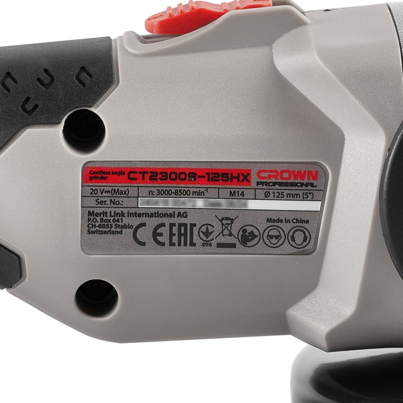 Угловая шлифовальная машина аккумуляторная BL CROWN CT23008-125HX, CROWN Угловая шлифовальная машина аккумуляторная BL CROWN CT23008-125HX, CROWN