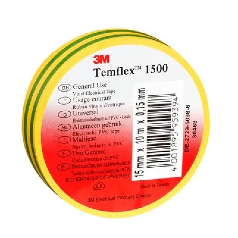 Изолента ПВХ Temflex 1500 универсальная желто-зеленая, рулон 19 мм x 25 м