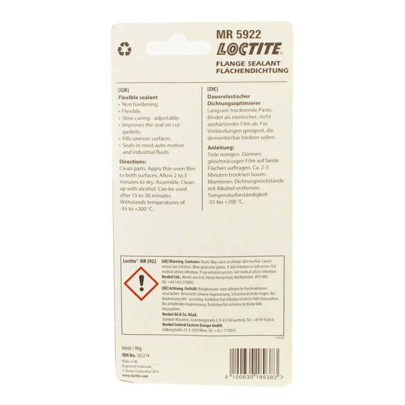 Уплотнитель незастывающий для вырубленных прокладок LOCTITE MR 5922, полуэластичный (тюбик) 60ml