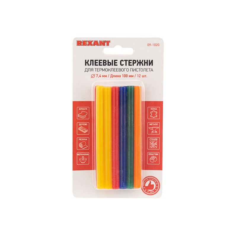 Стержни клеевые d=7,4 мм, L=100 мм, цветные (упак. 12 шт.) (блистер) REXANT Стержни клеевые d=7,4 мм, L=100 мм, цветные (упак. 12 шт.) (блистер) REXANT