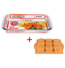 Форма из жаропрочного стекла, 3.0 л, прямоугольная + Форма для выпечки, силиконовая, PERFECTO LINEA