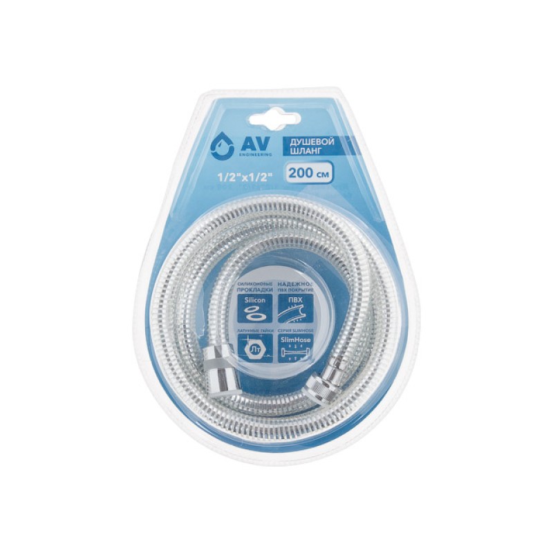 Шланг душевой, PVC, 1/2" г-г 200 см, хром, AV Engineering Шланг душевой, PVC, 1/2" г-г 200 см, хром, AV Engineering