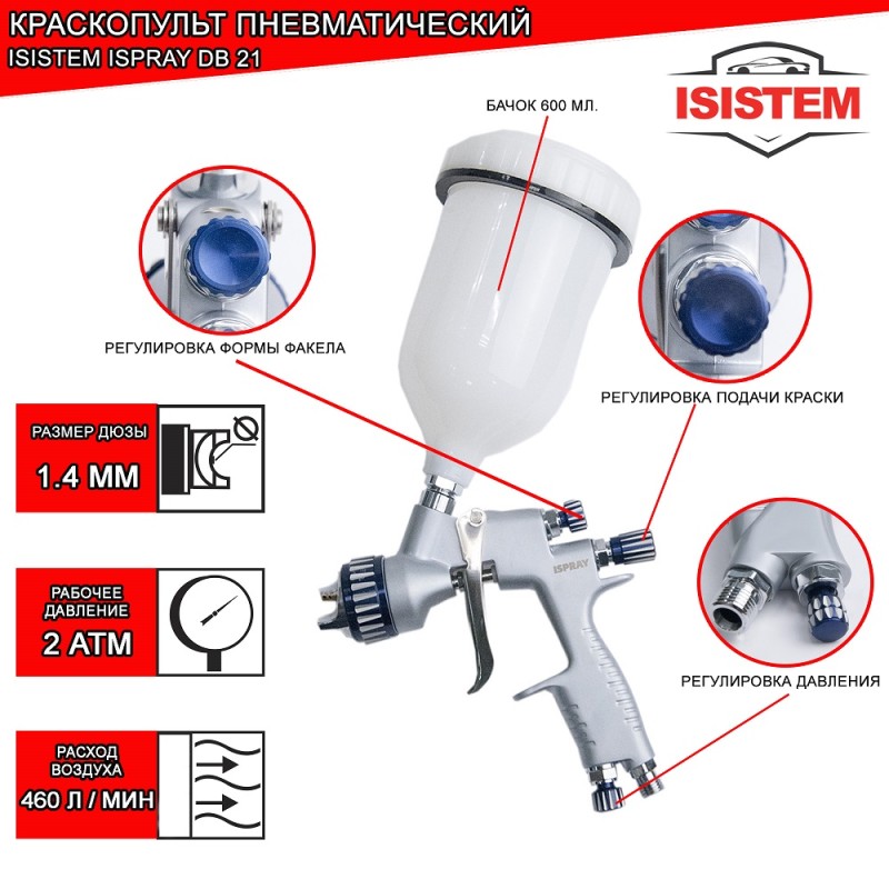 ISISTEM ISPRAY DB 21 Краскораспылитель с верхним бачком 600мл, сопло 1,4мм ISISTEM ISPRAY DB 21 Краскораспылитель с верхним бачком 600мл, сопло 1,4мм