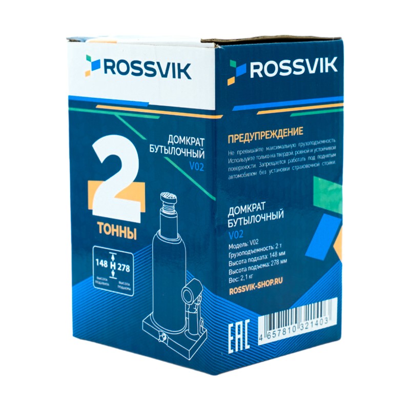 Домкрат бутылочный ROSSVIK V02, г/п 2,0т Домкрат бутылочный ROSSVIK V02, г/п 2,0т