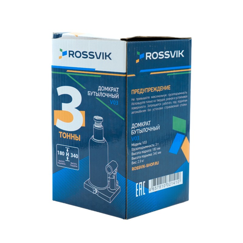 Домкрат бутылочный ROSSVIK V03, г/п 3,0т Домкрат бутылочный ROSSVIK V03, г/п 3,0т