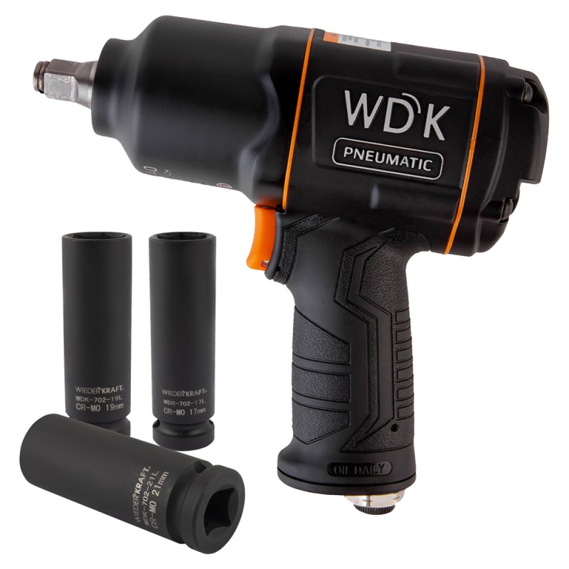 Пневматический ударный гайковерт с ударными головками 1/2" WDK-20440L Пневматический ударный гайковерт с ударными головками 1/2" WDK-20440L