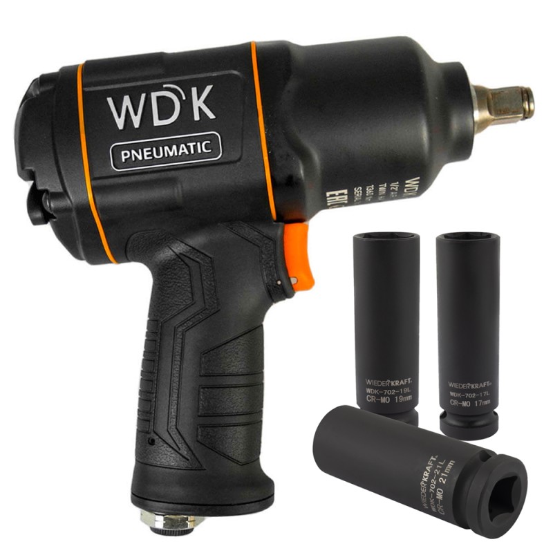 Пневматический ударный гайковерт с ударными головками 1/2" WDK-20440L Пневматический ударный гайковерт с ударными головками 1/2" WDK-20440L