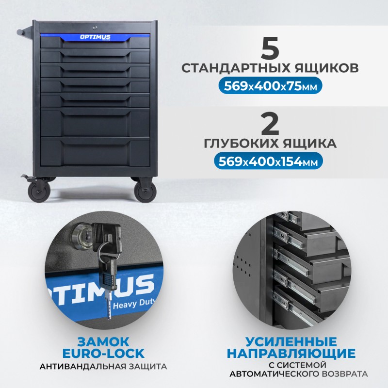 Тележка инструментальная 7 полок с набором инструментов 298 пр, столешница с EVA покрытием OPTIMUS OPT-717E, OPTIMUS Тележка инструментальная 7 полок с набором инструментов 298 пр, столешница с EVA покрытием OPTIMUS OPT-717E, OPTIMUS