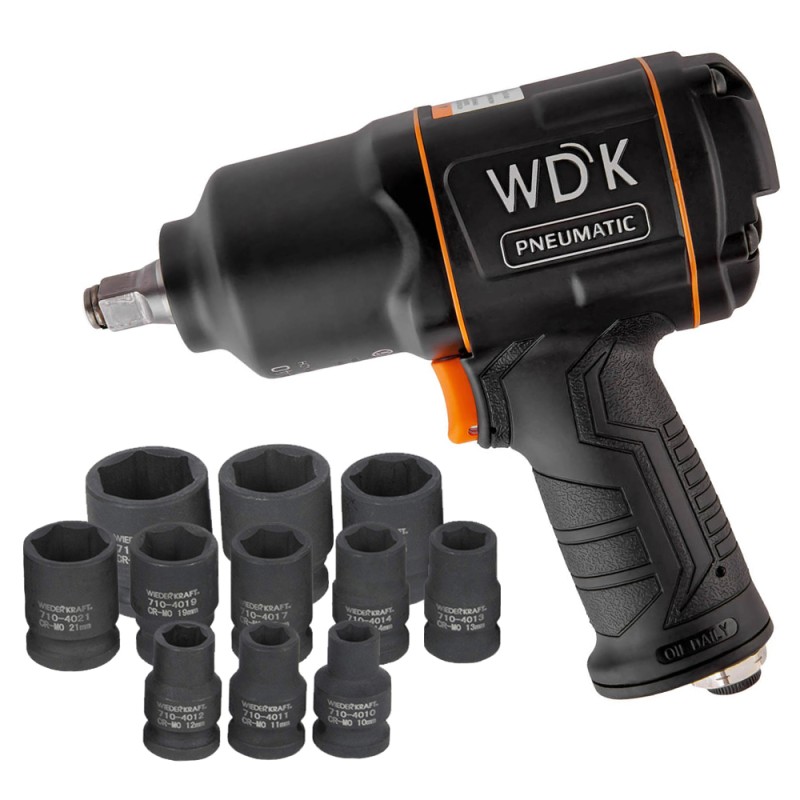 Пневматический ударный гайковерт с ударными головками 1/2" WDK-20440SK