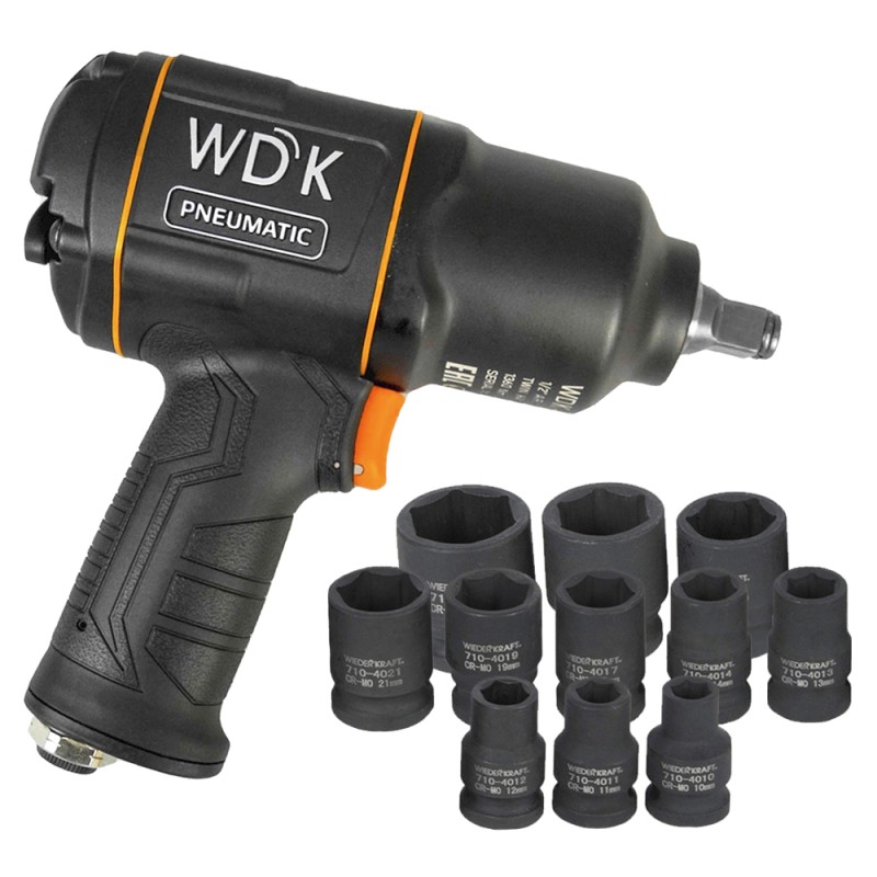 Пневматический ударный гайковерт с ударными головками 1/2" WDK-20440SK