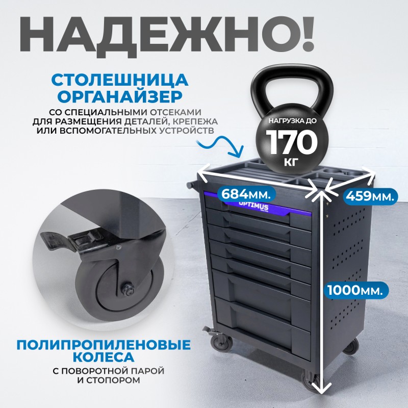 Тележка инструментальная 7 полок с набором инструментов, пластиковая столешниц OPTIMUS OPT-717P, OPTIMUS Тележка инструментальная 7 полок с набором инструментов, пластиковая столешниц OPTIMUS OPT-717P, OPTIMUS