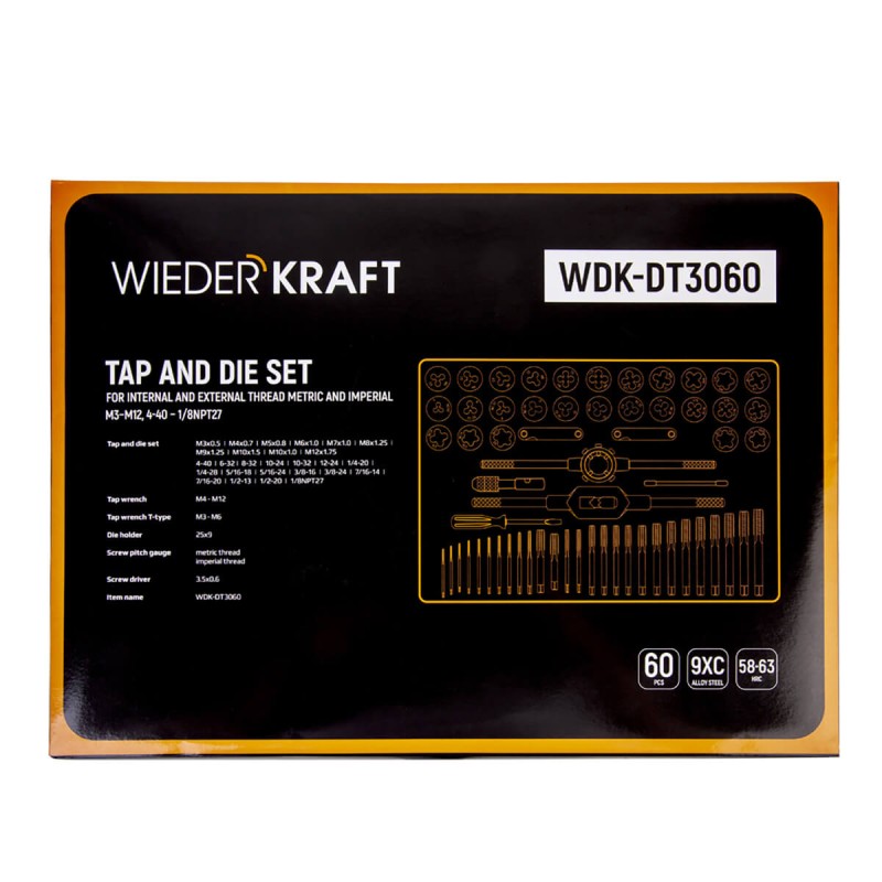 WDK-DT3060 Набор метчиков и плашек М3-М12, 4-40 - 1/8NPT27, 60 предметов, метрическая и дюймовая резьба, WiederKraft