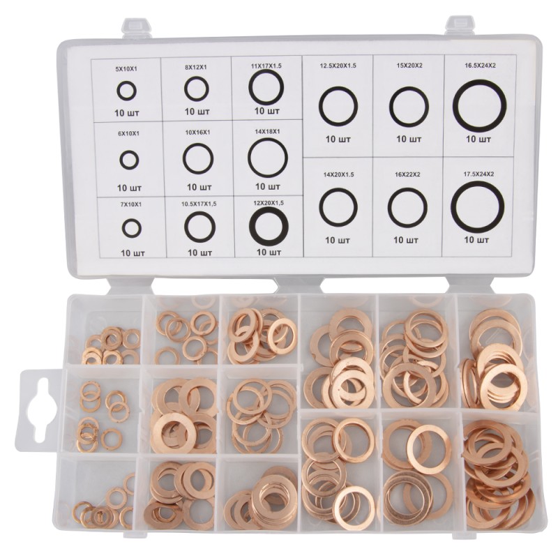 WDK-214067 Набор медных шайб, 15 типоразмеров, 150 шт, WiederKraft WDK-214067 Набор медных шайб, 15 типоразмеров, 150 шт, WiederKraft