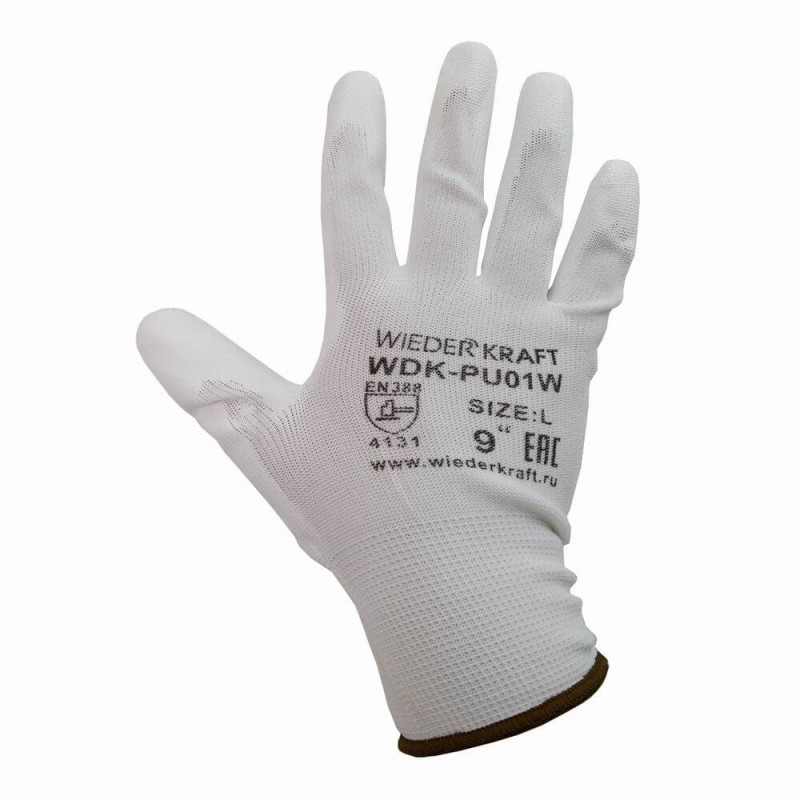 WDK-PU01W / XL Перчатки белые защитные эластичные из нейлона с покрытием, 1 пара, размер XL, WiederKraft WDK-PU01W / XL Перчатки белые защитные эластичные из нейлона с покрытием, 1 пара, размер XL, WiederKraft