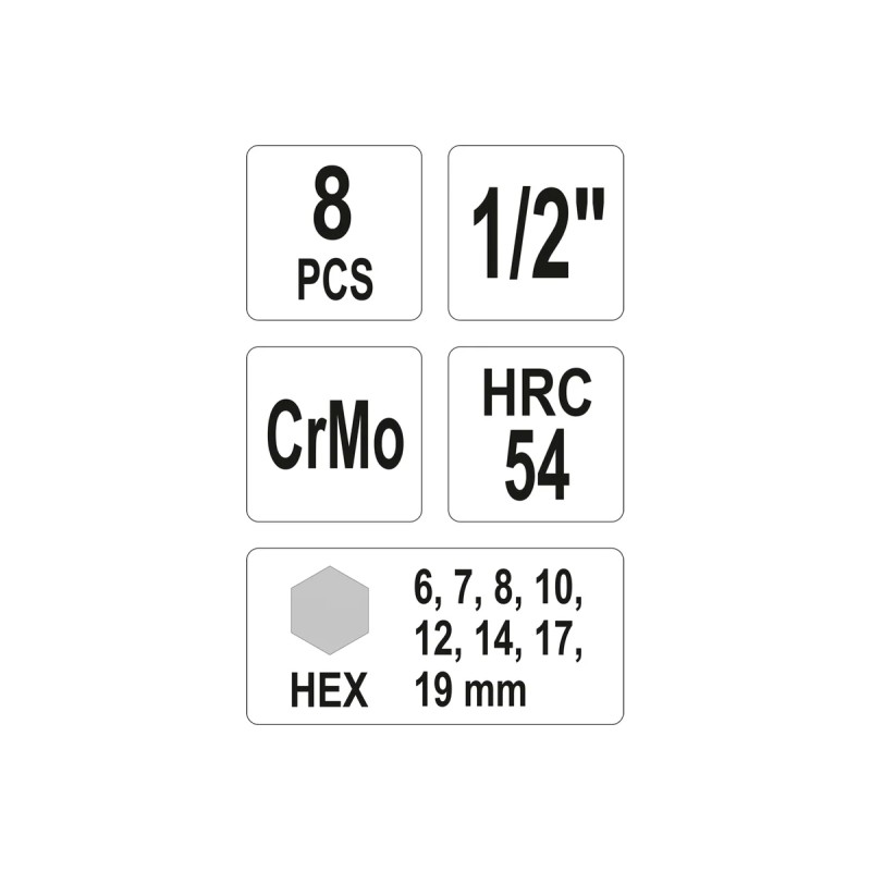 Набор ударных головок-бит HEX 1/2" 8пр YATO YT-1066