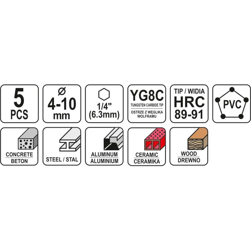 Набор сверел универсальных 5шт 4-10мм HEX YATO YT-44789