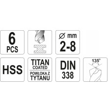 Набор сверл по металлу HSS-TiN 6 шт. 2-8мм YATO YT-44673