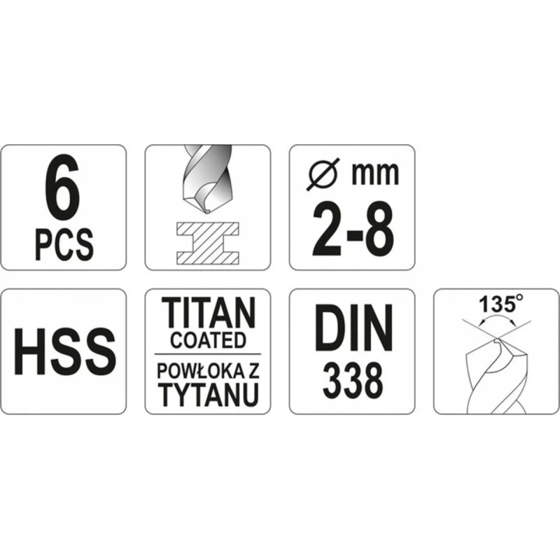 Набор сверл по металлу HSS-TiN 6 шт. 2-8мм YATO YT-44673