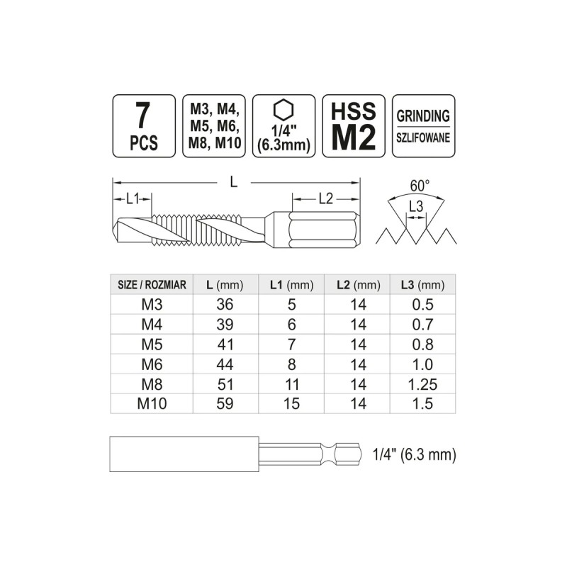 Набор сверло-метчик М3-М10 7шт HEX  YATO YT-44849
