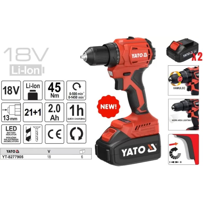 Аккумуляторный бесщёточный шуруповерт 18V  YATO YT-8277905