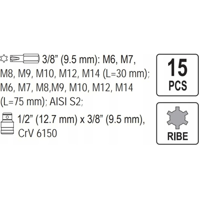 Набор специальных бит RIBE М5-М14 с переходником 15 предм. YATO YT-0419