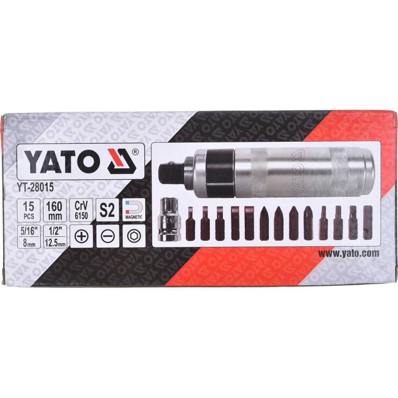 Отвертка цельнометаллическая ударная с 15 битами YATO YT-28015