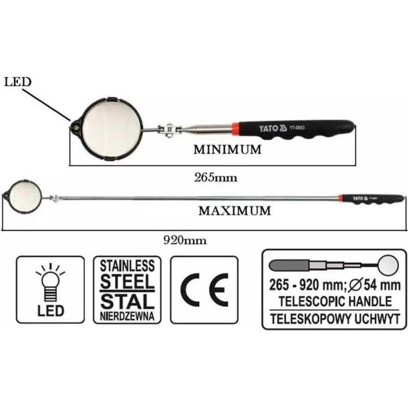Зеркало инспекционное телескопическое с подсветкой YATO YT-0663