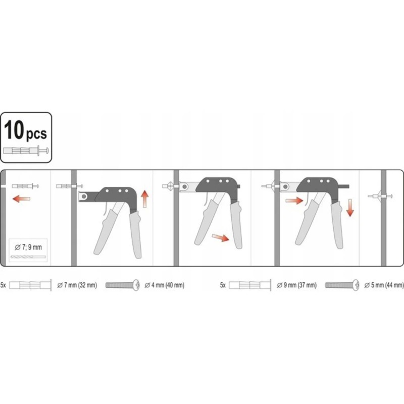 Пистолет для установки дюбелей Молли+10 дюбелей YATO YT-51450