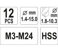 Экстракторы со сверлами для извлечения обломанных болтов (12пр, M3-M24) YATO YT-0591
