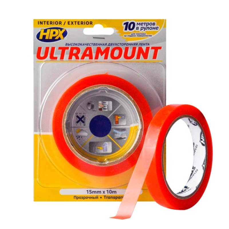 Лента монтажная ультратонкая HPX Ultra Mount для максимального прилегания, 15 мм x 10 м, прозрачная