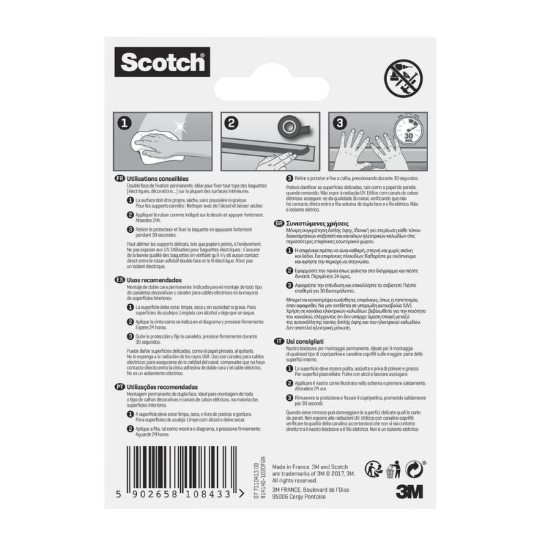 Лента монтажная двусторонняя клейкая Scotch 914140 влагостойкая для отделки, 10мм х 2м, 4 рул./уп.