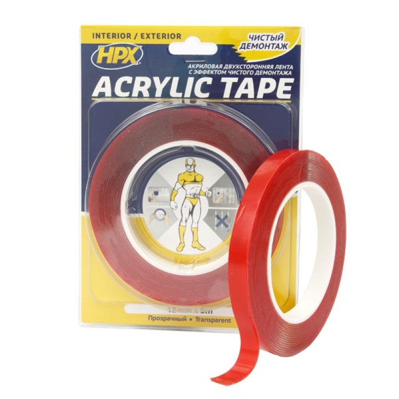 Лента двухсторонняя универсальная HPX TT1205, Acrylic Tape, акриловая, 12 мм х 5 м, прозрачная
