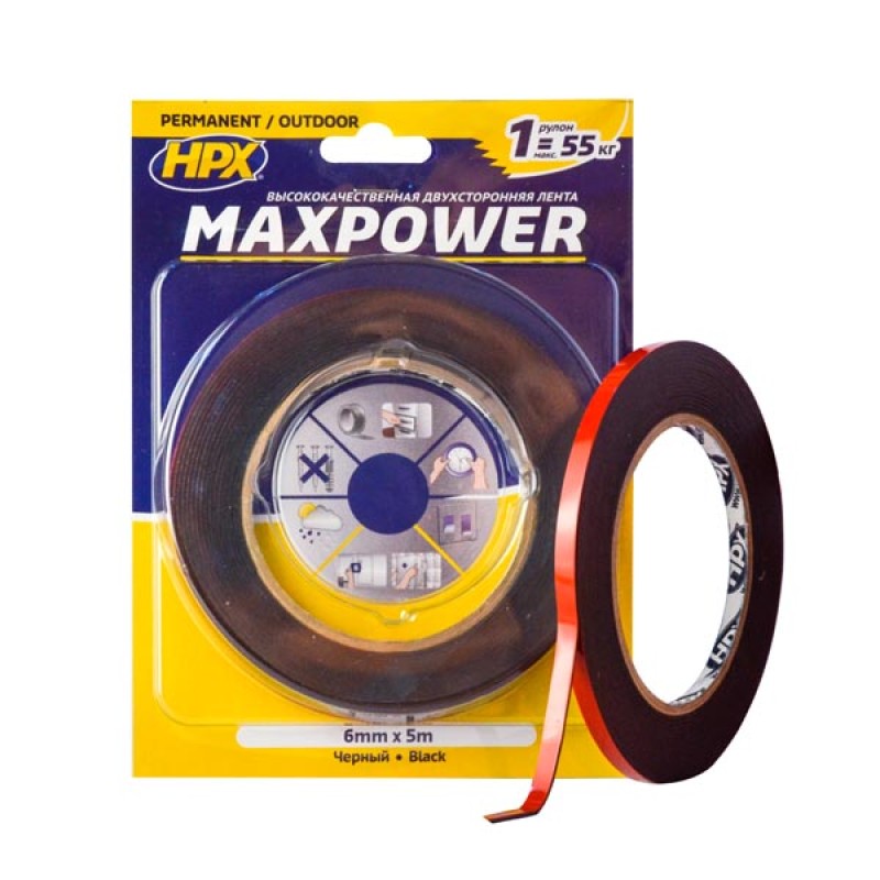 Акриловая двухсторонняя лента MAXPOWER 6мм x 5м