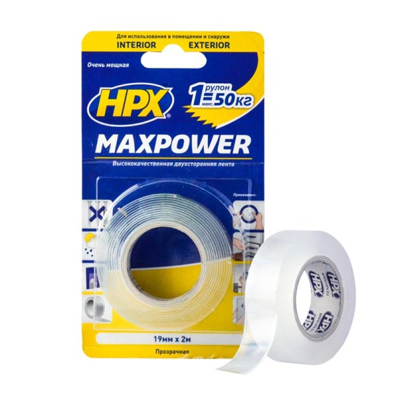 Лента двухсторонняя MAXPOWER 19мм х 2м прозрачная (блистер)