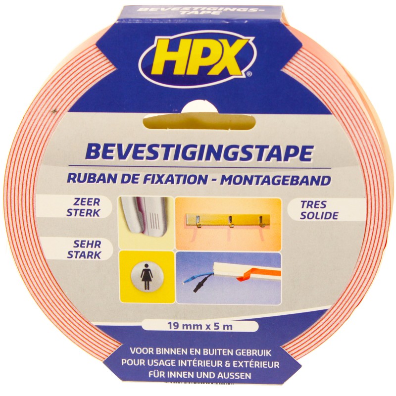 Лента монтажная HPX DS1905, двусторонняя, клейкая, 19 мм х 5 м, белая