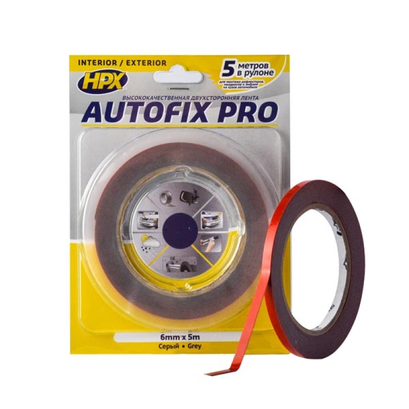Лента автомобильная двусторонняя HPX AF0605, Autofix Pro, акриловая, 6 мм х 5 м, серая