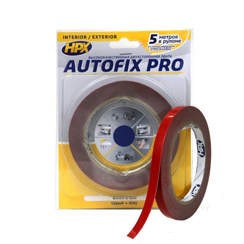 Лента автомобильная двусторонняя HPX AF0905, Autofix Pro, акриловая, 9 мм х 5 м, серая