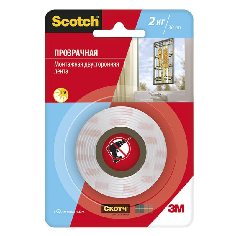 Лента клейкая прозрачная двусторонняя монтажная лента Scotch®, 19 мм х 1,5 м