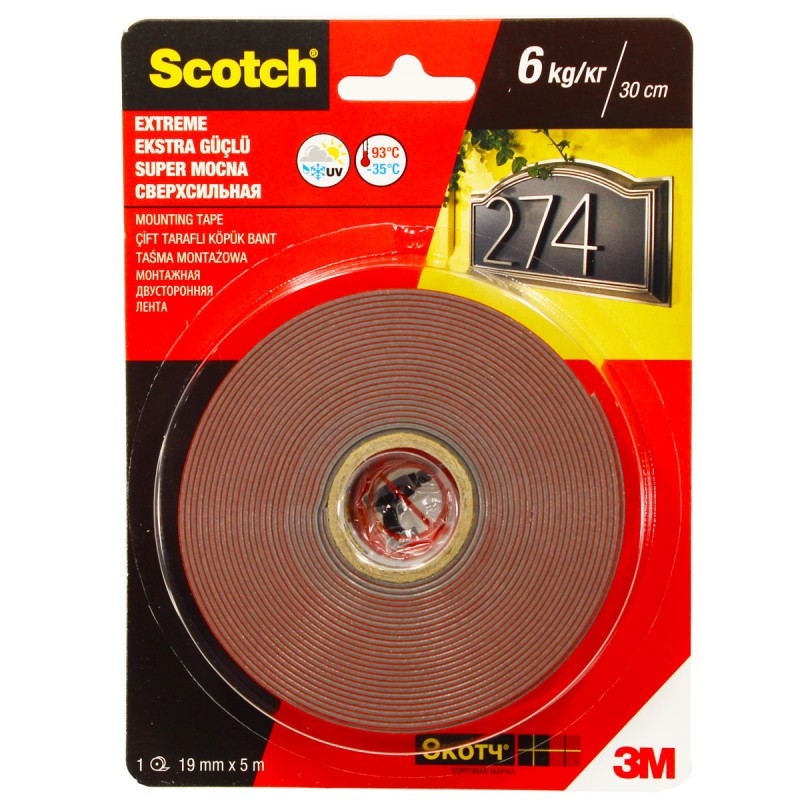 Лента монтажная двусторонняя клейкая Scotch® сверхпрочная, 19мм х 5м