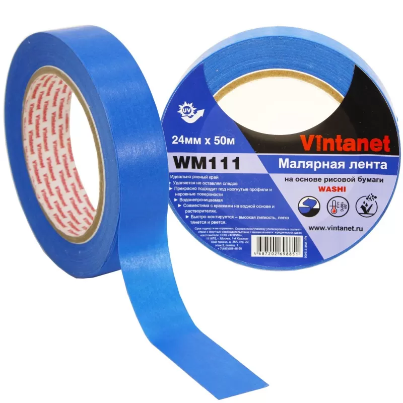 Лента малярная на основе рисовой бумаги Washi для четкого края WM111 Vintanet, синяя, 24мм х 50м Лента малярная на основе рисовой бумаги Washi для четкого края WM111 Vintanet, синяя, 24мм х 50м
